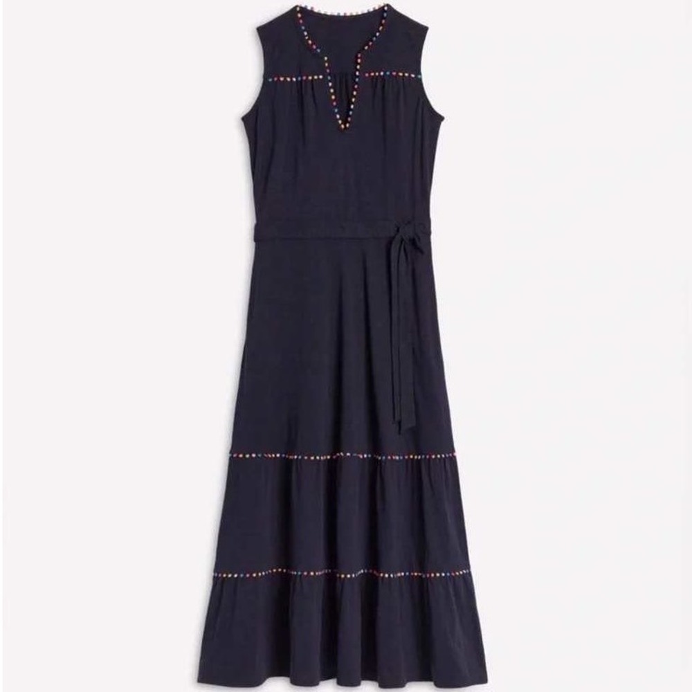 Boden Tara Tiered Midi Dress US 8 Pom Trim 100% Cotton Navy Blue - Picture 14 of 15